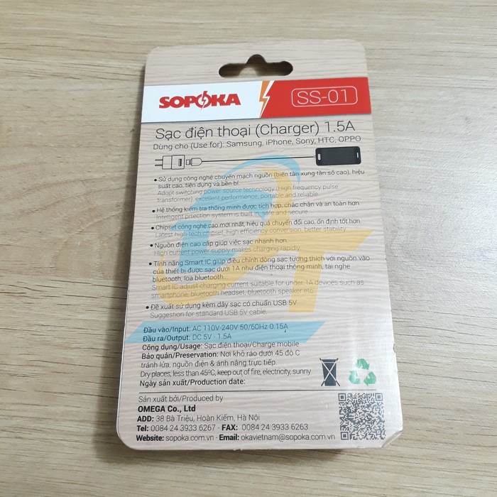 Sạc điện thoại 1.5A Sopoka SS-01 SS-01 Sopoka | Giá rẻ nhất - Công Ty TNHH Thương Mại Dịch Vụ Đạt Tâm